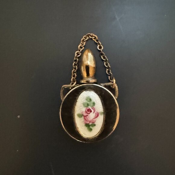 Vtg Mini Rose Guilloche Enamel Perfume Bottle Pendant w/ Chain, Dauber NICE! - Picture 2 of 6